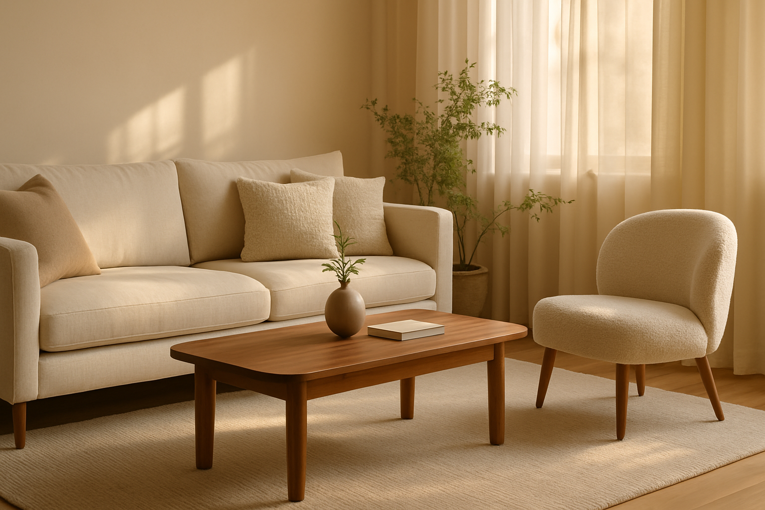 Warm living-room styling scene with a cream linen sofa, walnut coffee table, and soft natural afternoon light