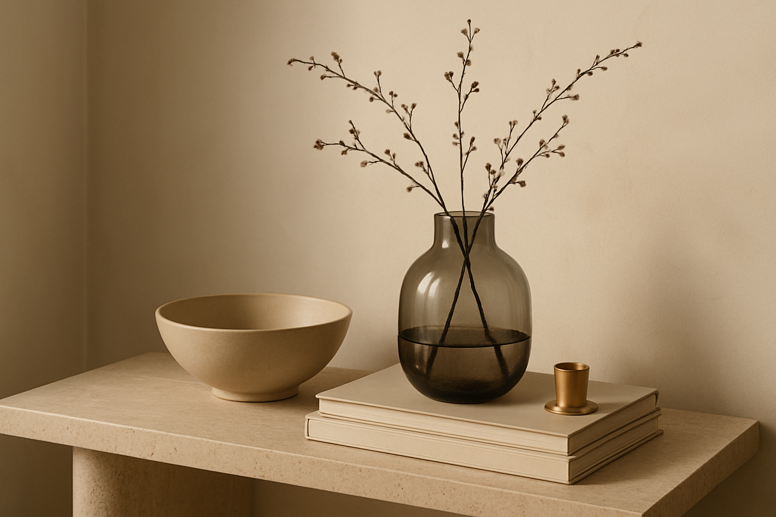 Close-up curated tabletop composition with a smoked glass vase, matte ceramic bowl, and stacked art books