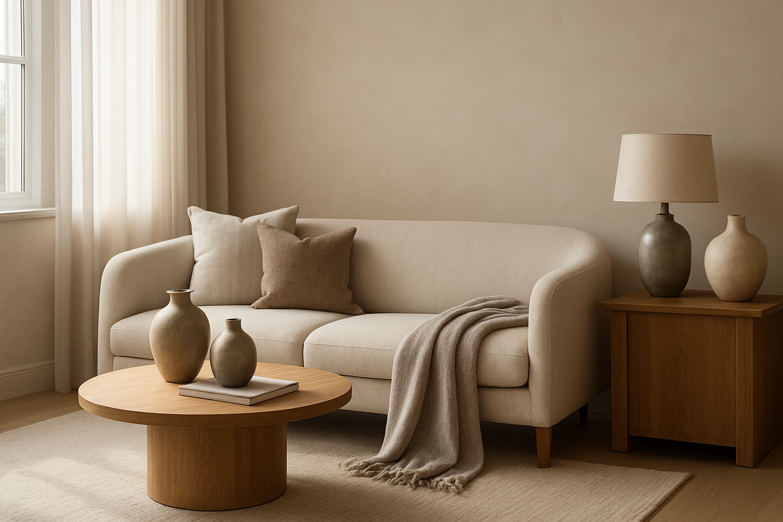 Styled premium residential interior scene with elegant home decor, layered textiles, wood and ceramic accents, and soft natural daylight