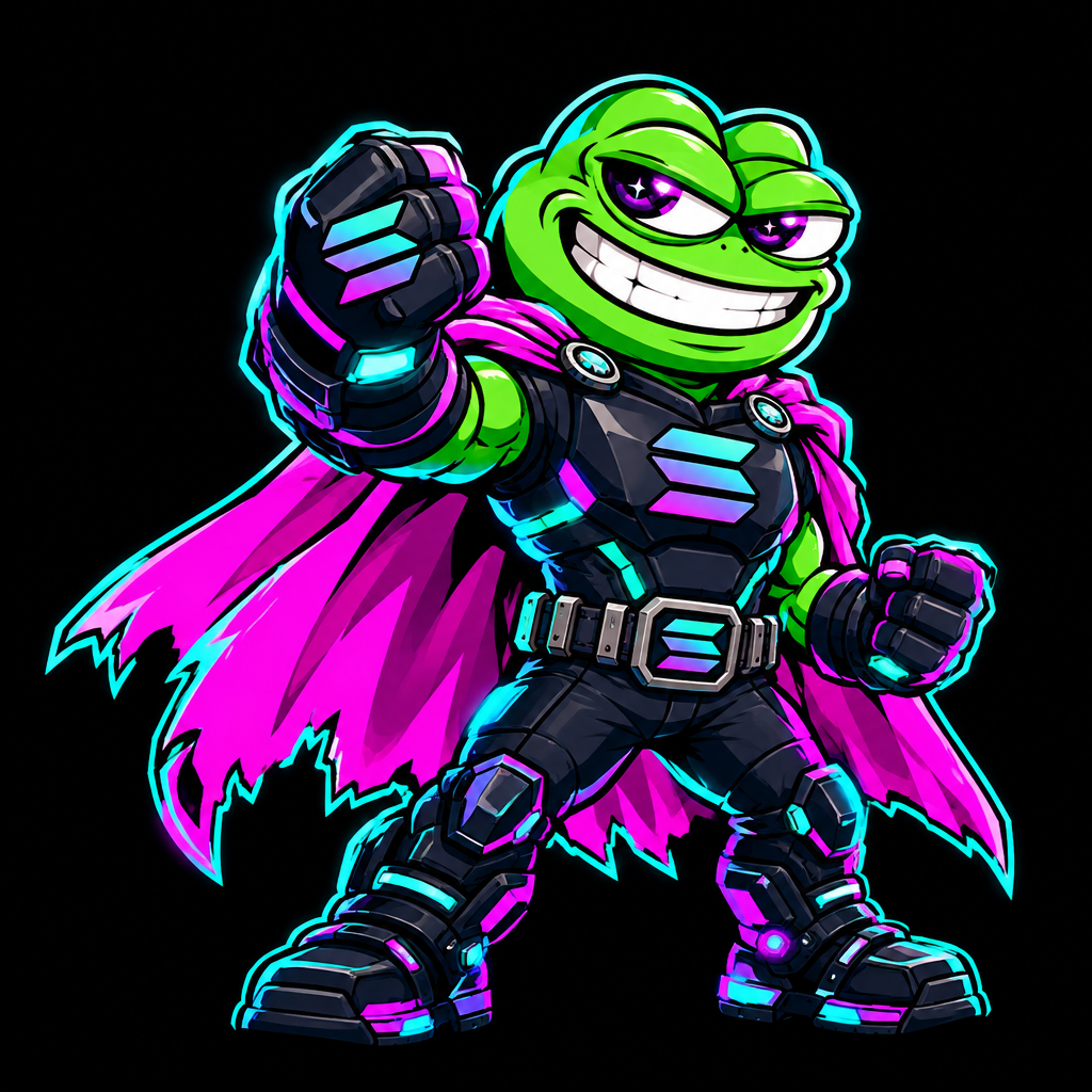 Small neon meme hero avatar of Super Pump with a chaotic grin, cape, and Solana-inspired cyber armor