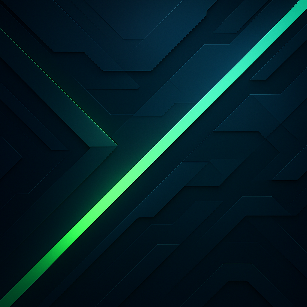 Abstract futuristic motion graphics with diagonal and polygonal shapes, dark blue and electric green palette, tech-inspired