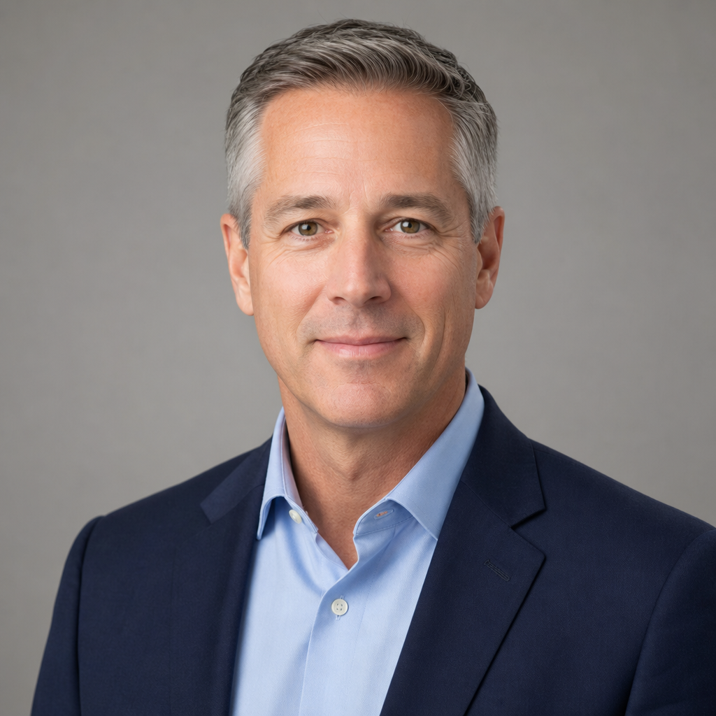 Portrait of Alax Smith, a middle-aged White American man with short salt-and-pepper hair, wearing a navy suit and light blue shirt, professional and approachable.