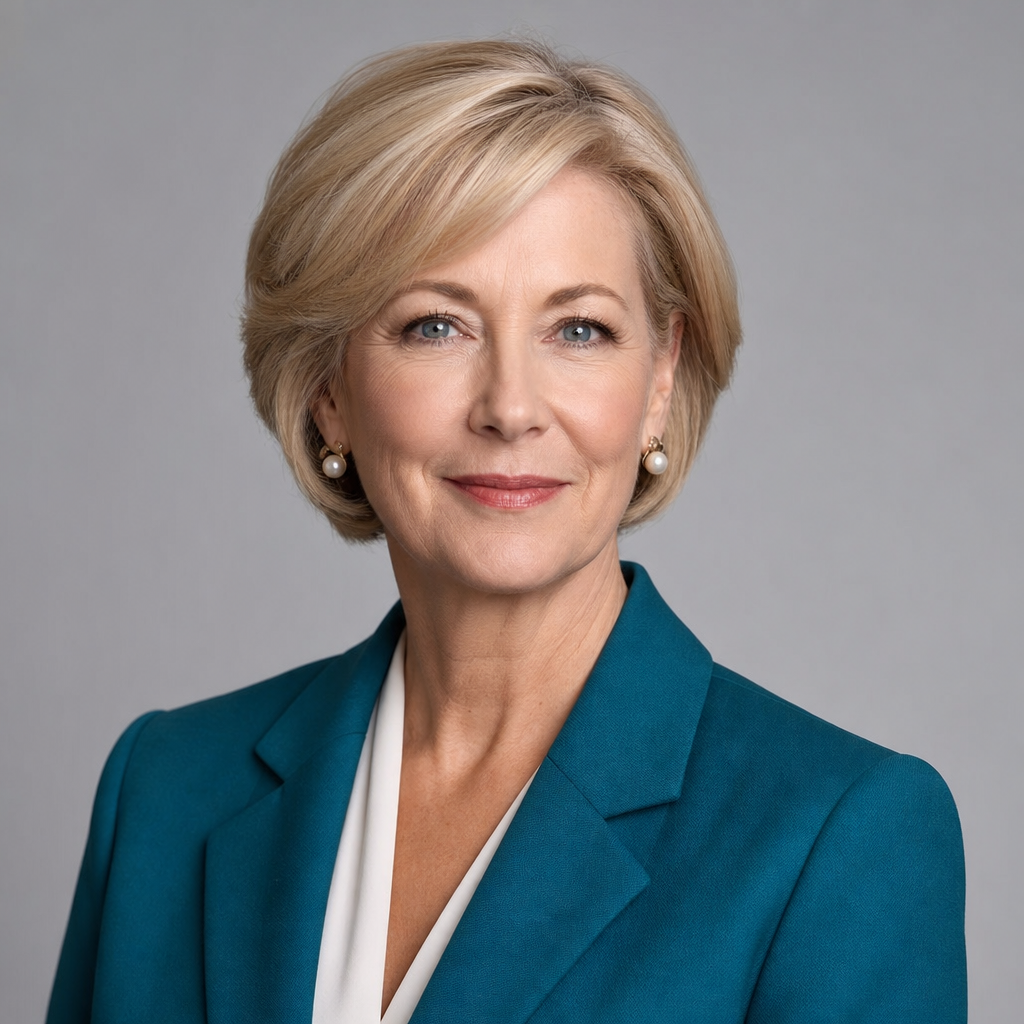 Portrait of Kathleen O'Neill, a White American woman with short blonde hair, wearing a teal blazer and pearl earrings, poised and trustworthy.