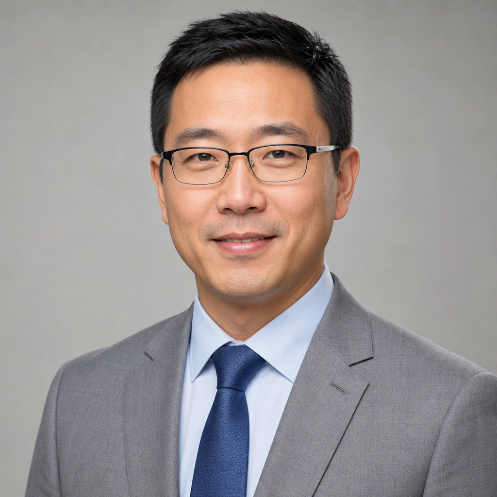 Portrait of David Chen, an Asian American man with short black hair and glasses, wearing a light gray suit and blue tie, confident and friendly.
