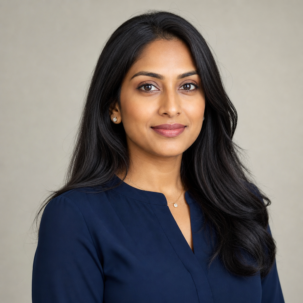 Portrait of Priya Patel, a South Asian American woman with long dark hair, wearing a navy blouse and minimal jewelry, composed and professional.