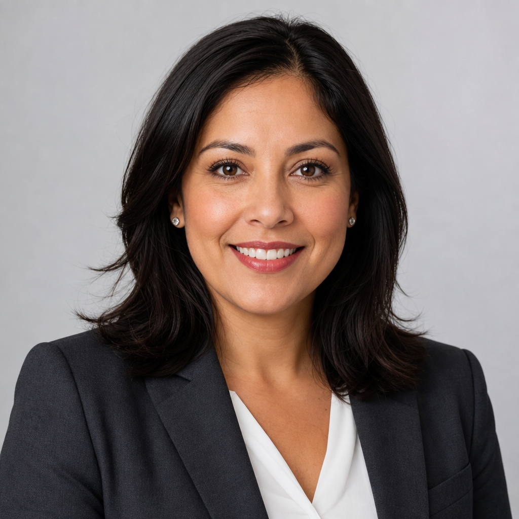 Portrait of Monica Reyes, a Latina American woman with shoulder-length dark hair, wearing a charcoal blazer and white blouse, warm professional smile.