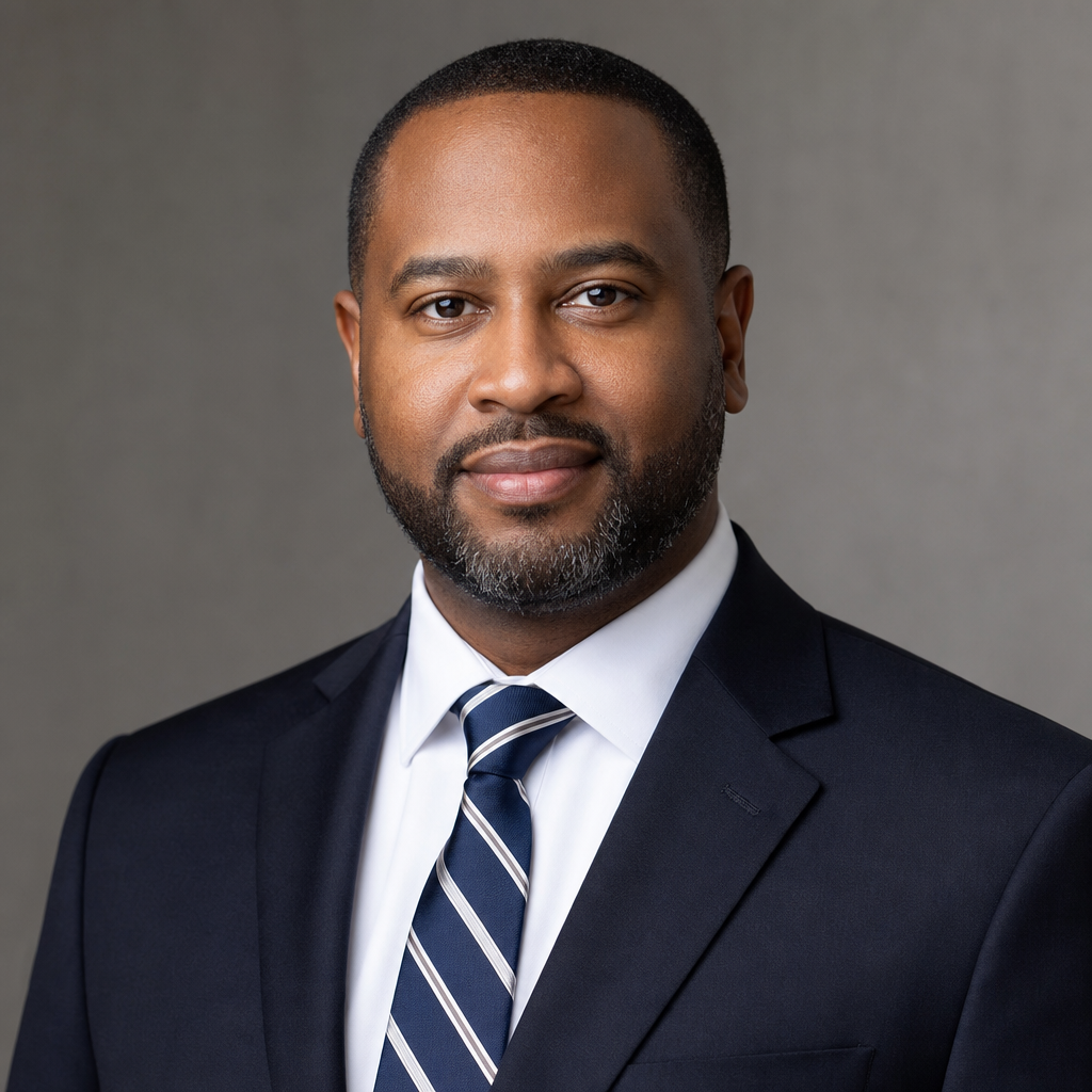 Portrait of James Walker, a Black American man with close-cropped hair and a trimmed beard, wearing a dark suit and striped tie, calm and authoritative.