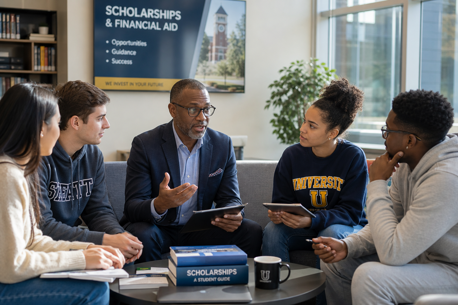 Professional U.S. educator mentoring diverse university students during a scholarship guidance session