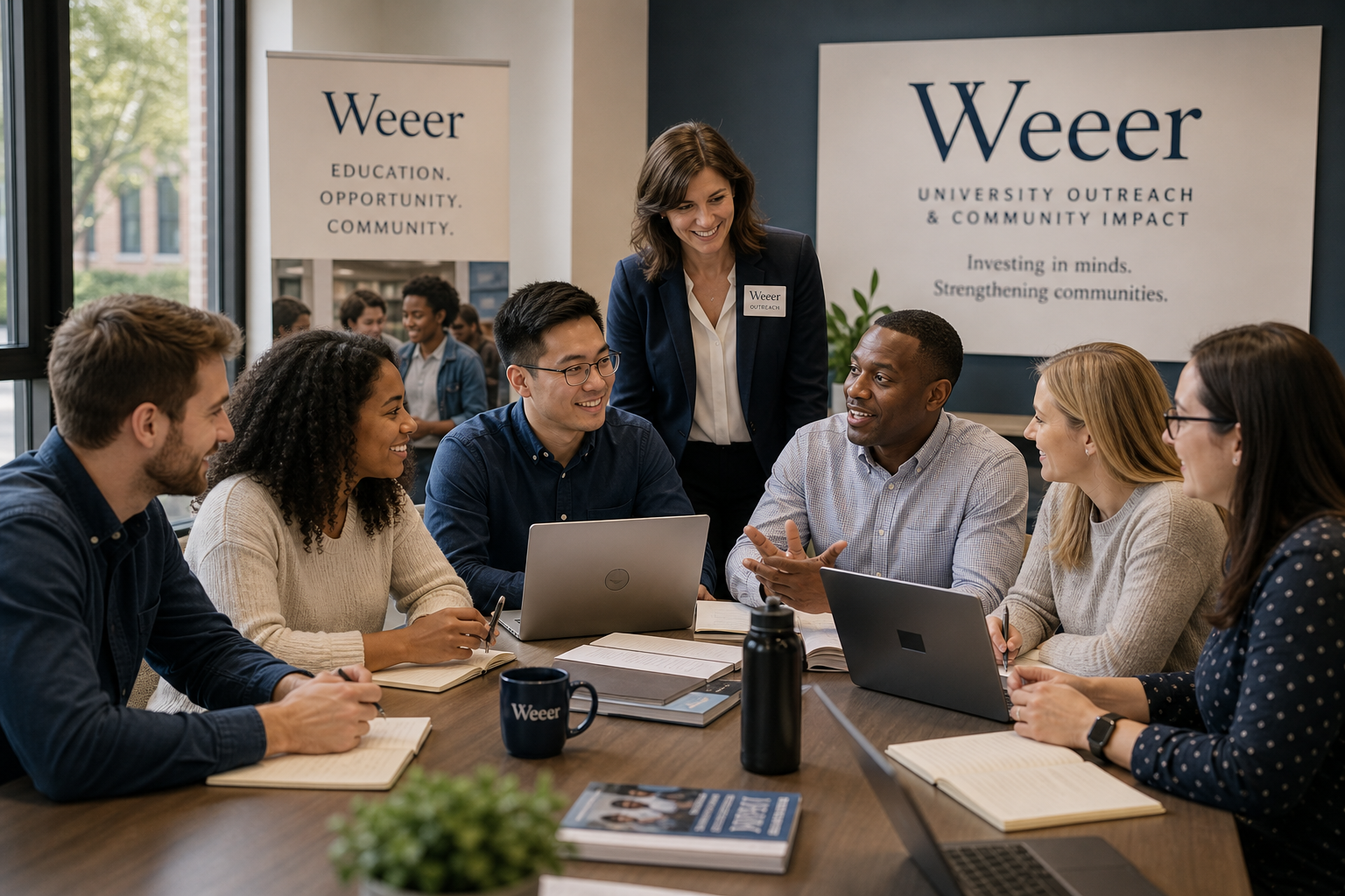Diverse team of U.S. university outreach staff and community volunteers collaborating in a modern campus meeting room
