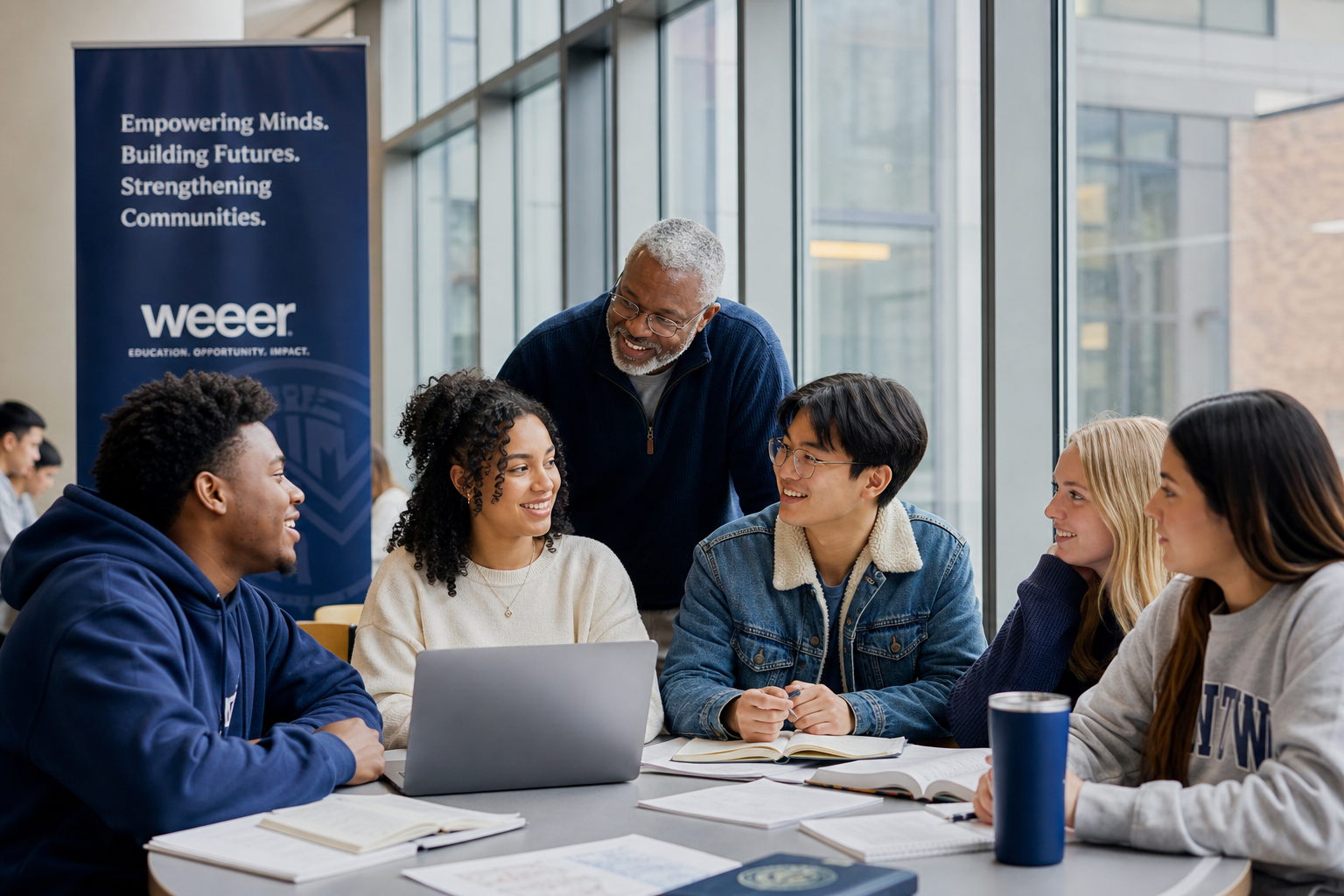 Diverse group of American students and educators in a bright university learning space, collaborating around a table with notebooks and laptops, dressed in professional casual attire, welcoming and community-focused