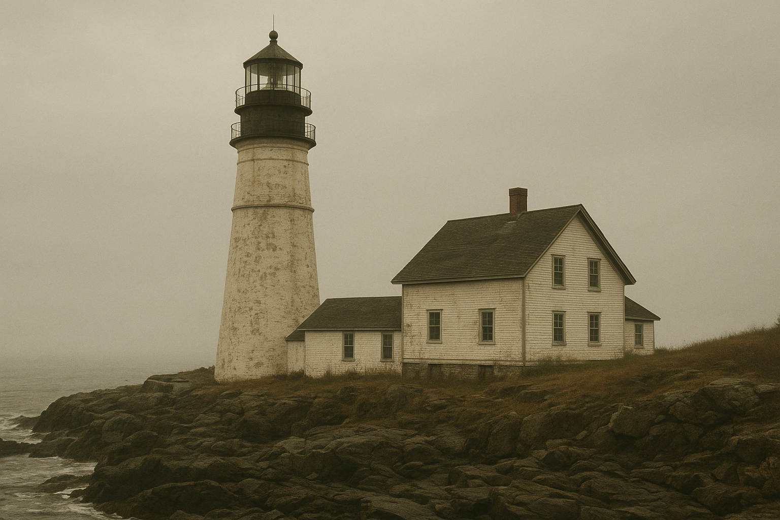 Historic northern coast lighthouse tower above a rocky shoreline under overcast skies, with sea mist and weathered keeper buildings in view