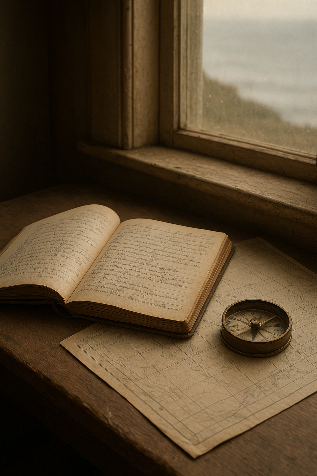 Close documentary detail of a lighthouse keeper's desk with weathered logbook pages, brass compass, and soft coastal window light