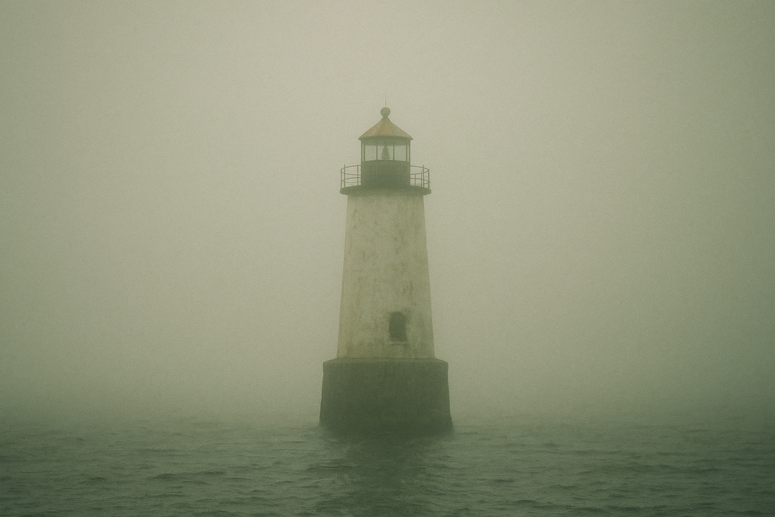 Low beacon near harbor mouth partially obscured by sea fog