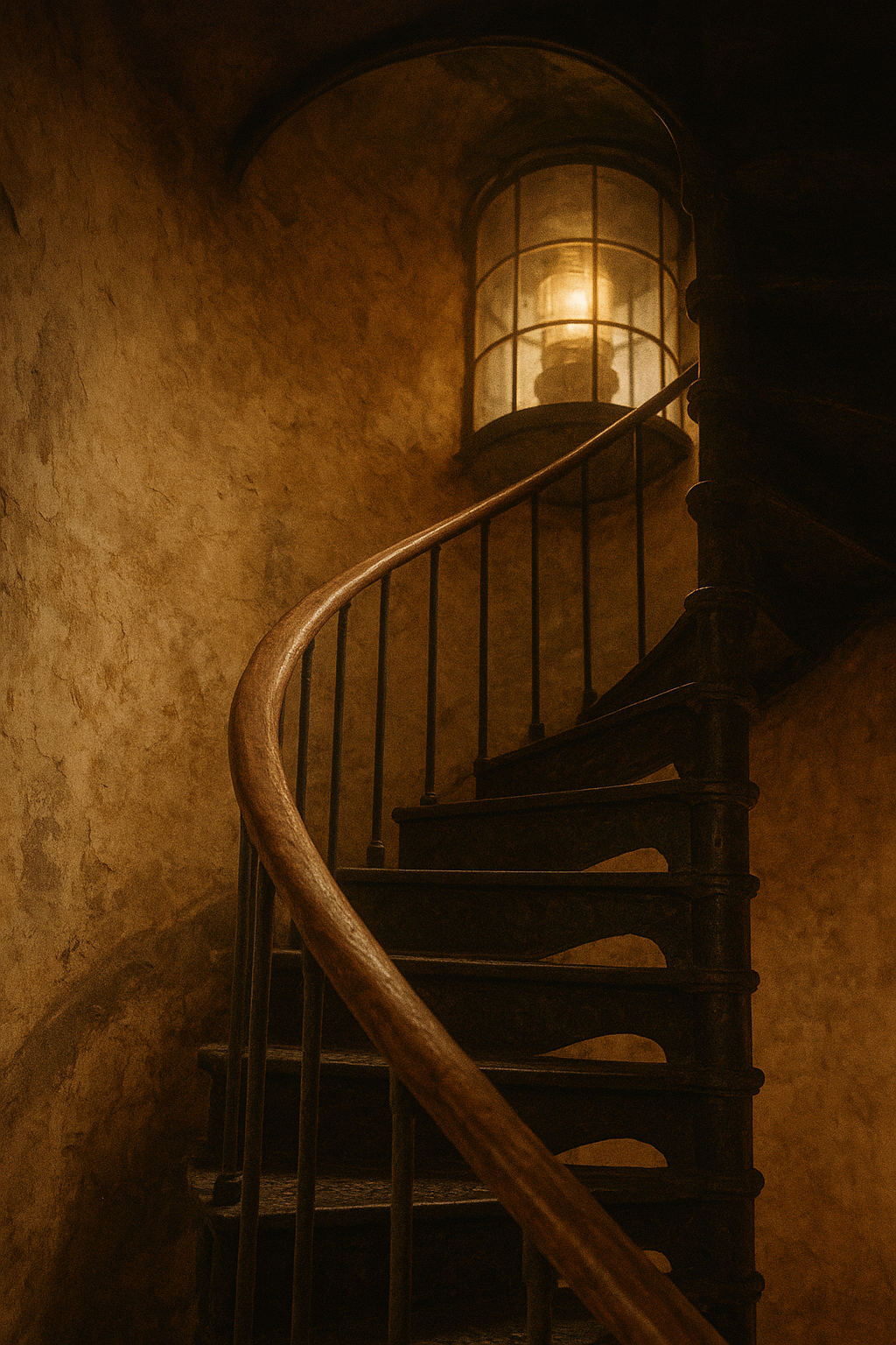 Interior spiral stair leading up to the lantern room with worn handrail