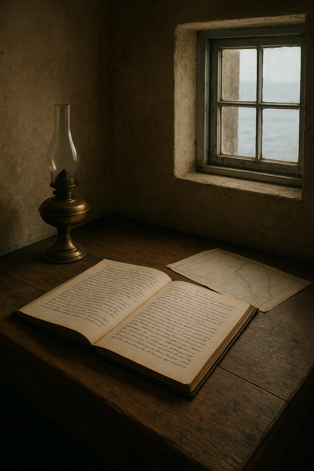 A weathered wooden desk inside a lighthouse keeper's dwelling with an open handwritten logbook, brass oil lamp, folded chart, and sea light entering through a small window