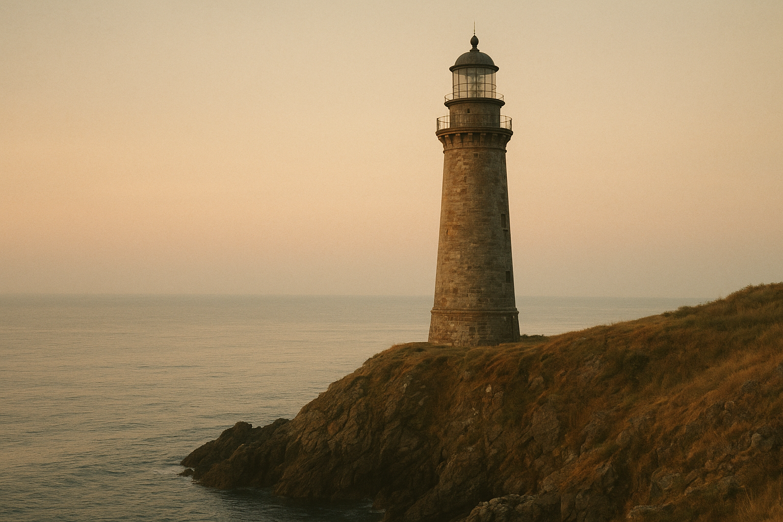 Tall stone lighthouse on a cliff at first light with calm sea below