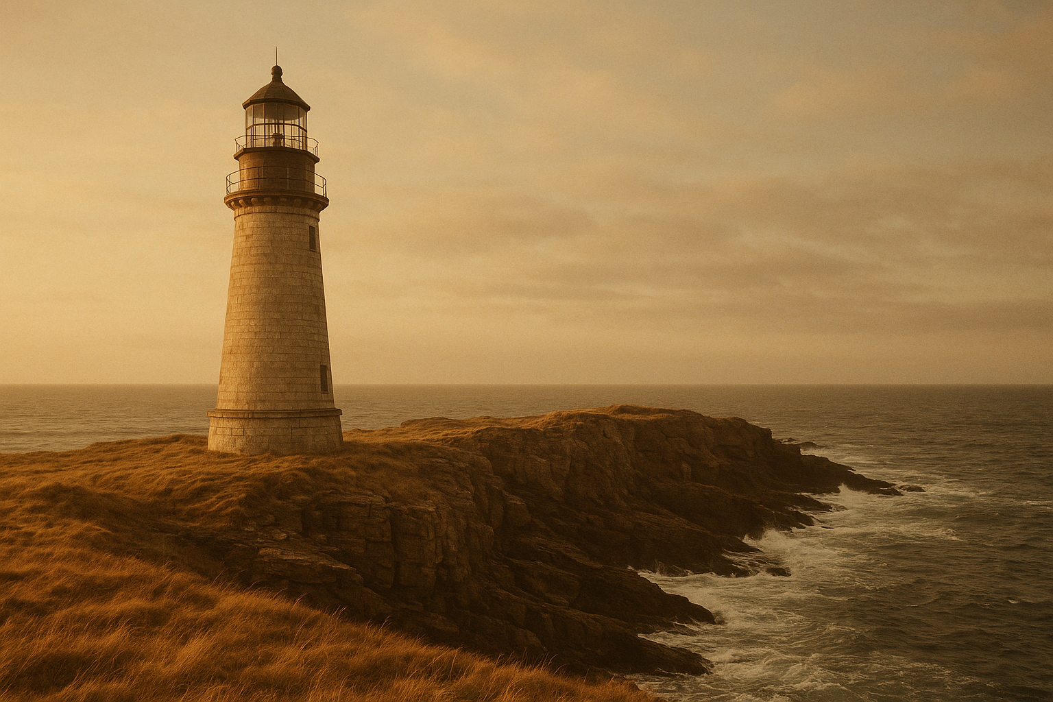 Preserved stone lighthouse on a rugged northern shoreline at low golden light with waves and coastal cliffs