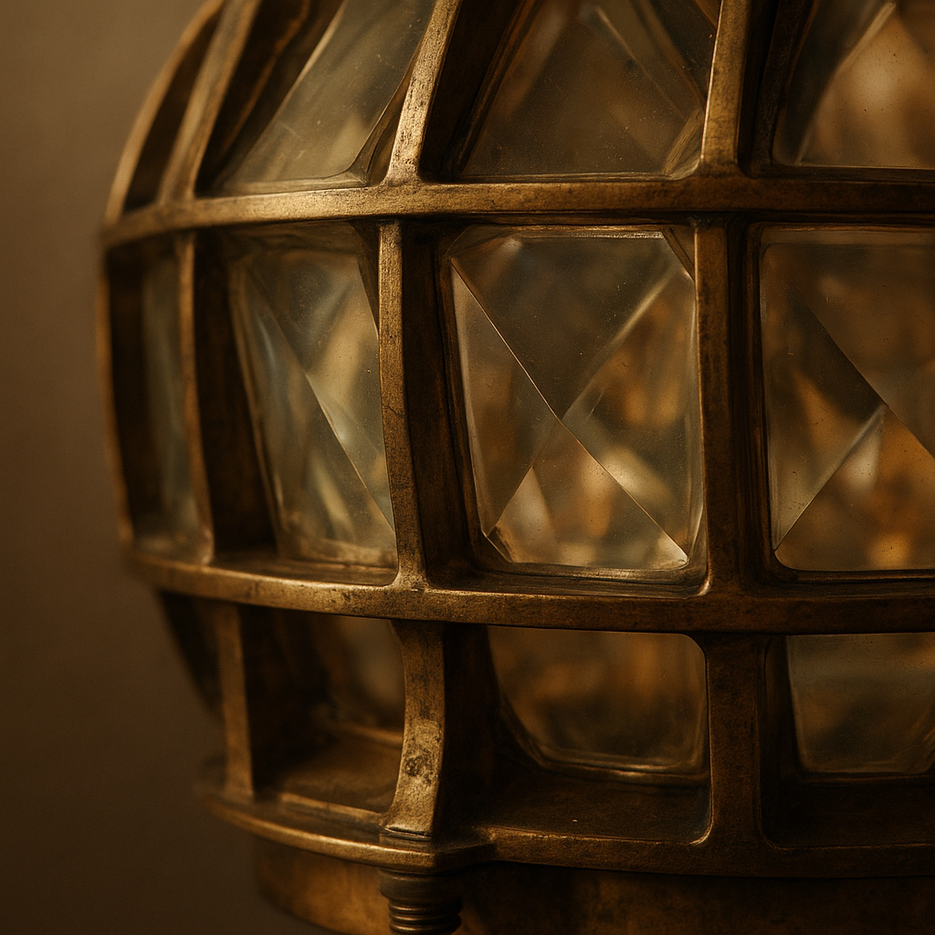 Close view of brass lens assembly with etched glass facets