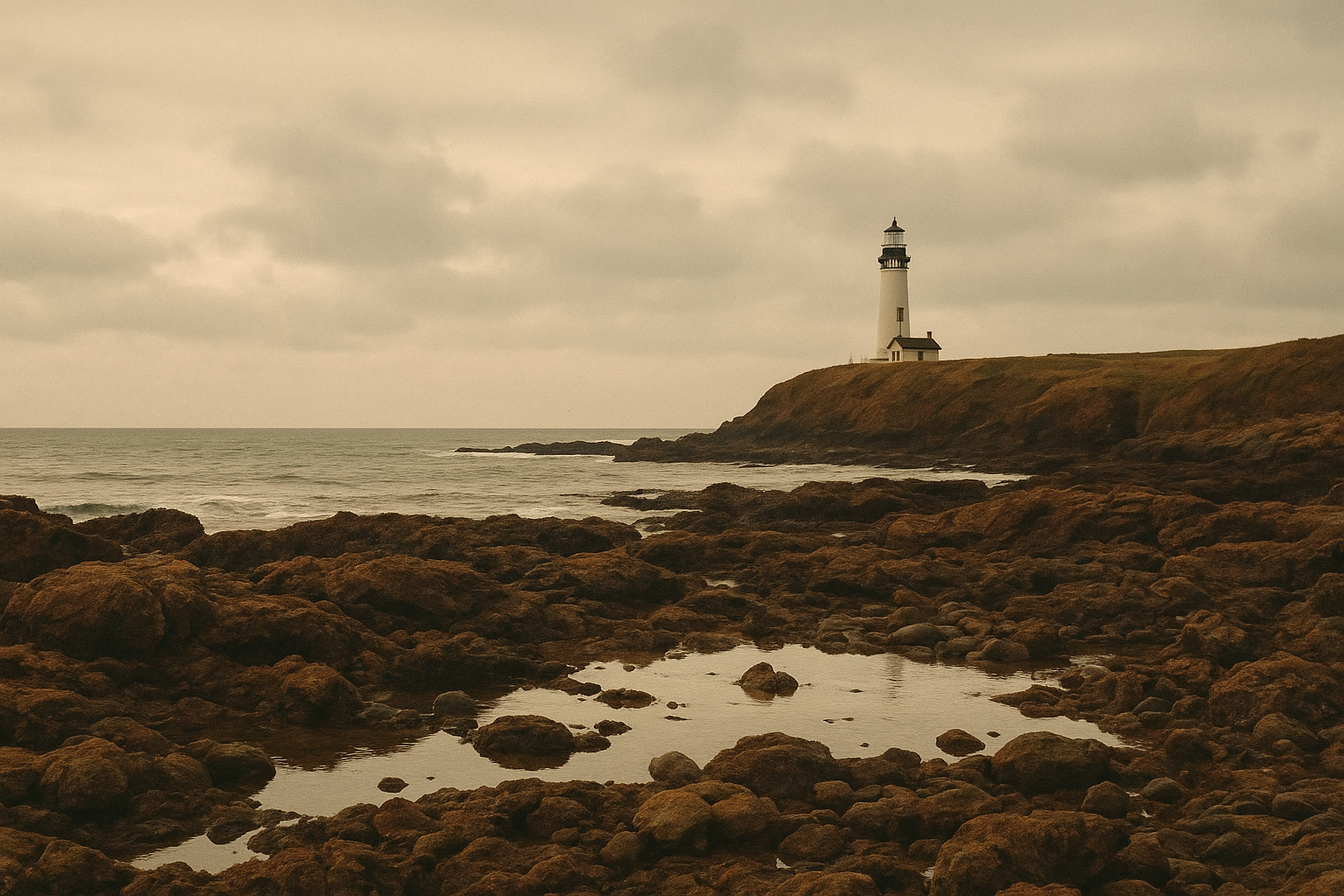 Rocky headland and tidepools below a distant coastal lighthouse