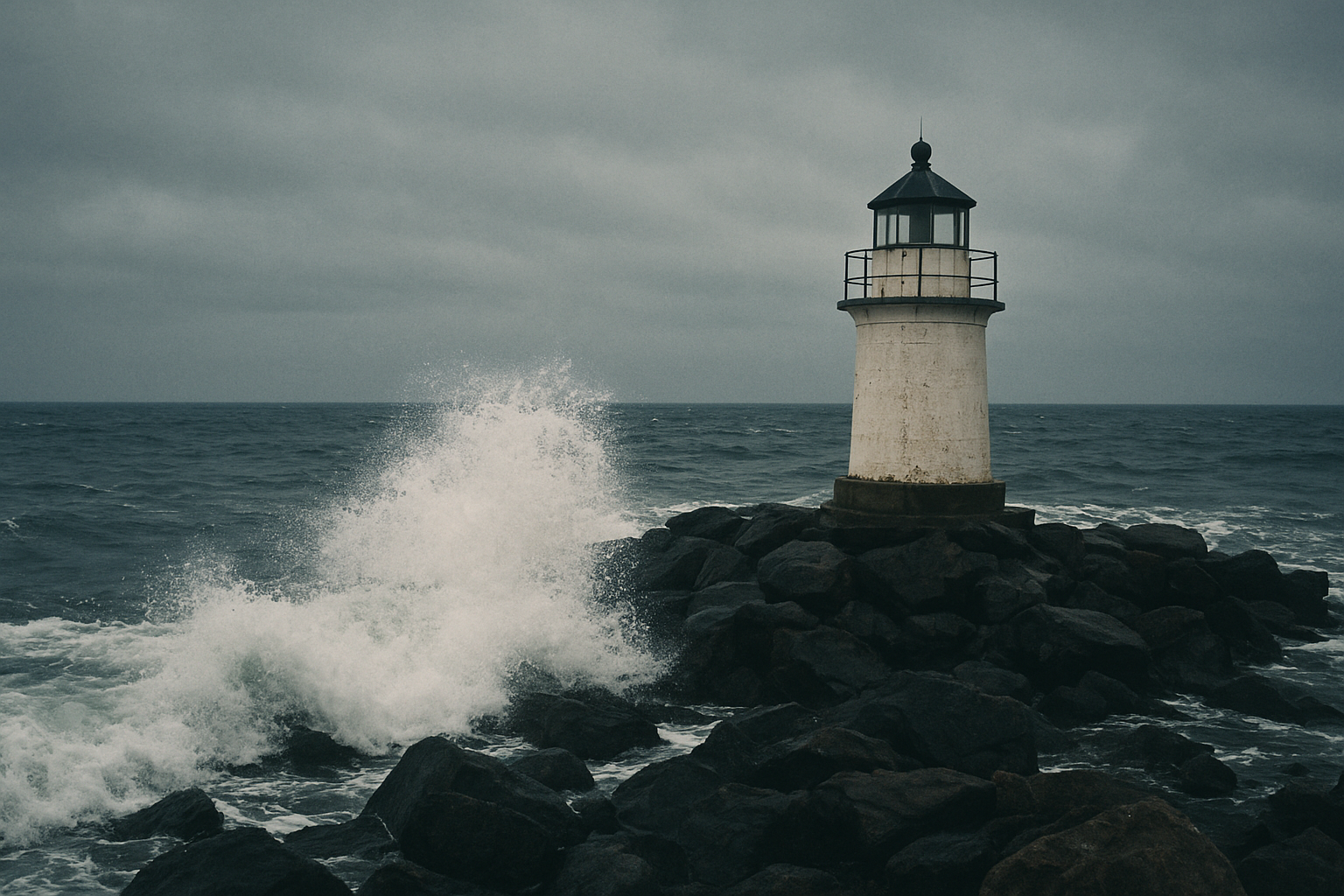 Short breakwater lighthouse in winter surf under overcast sky