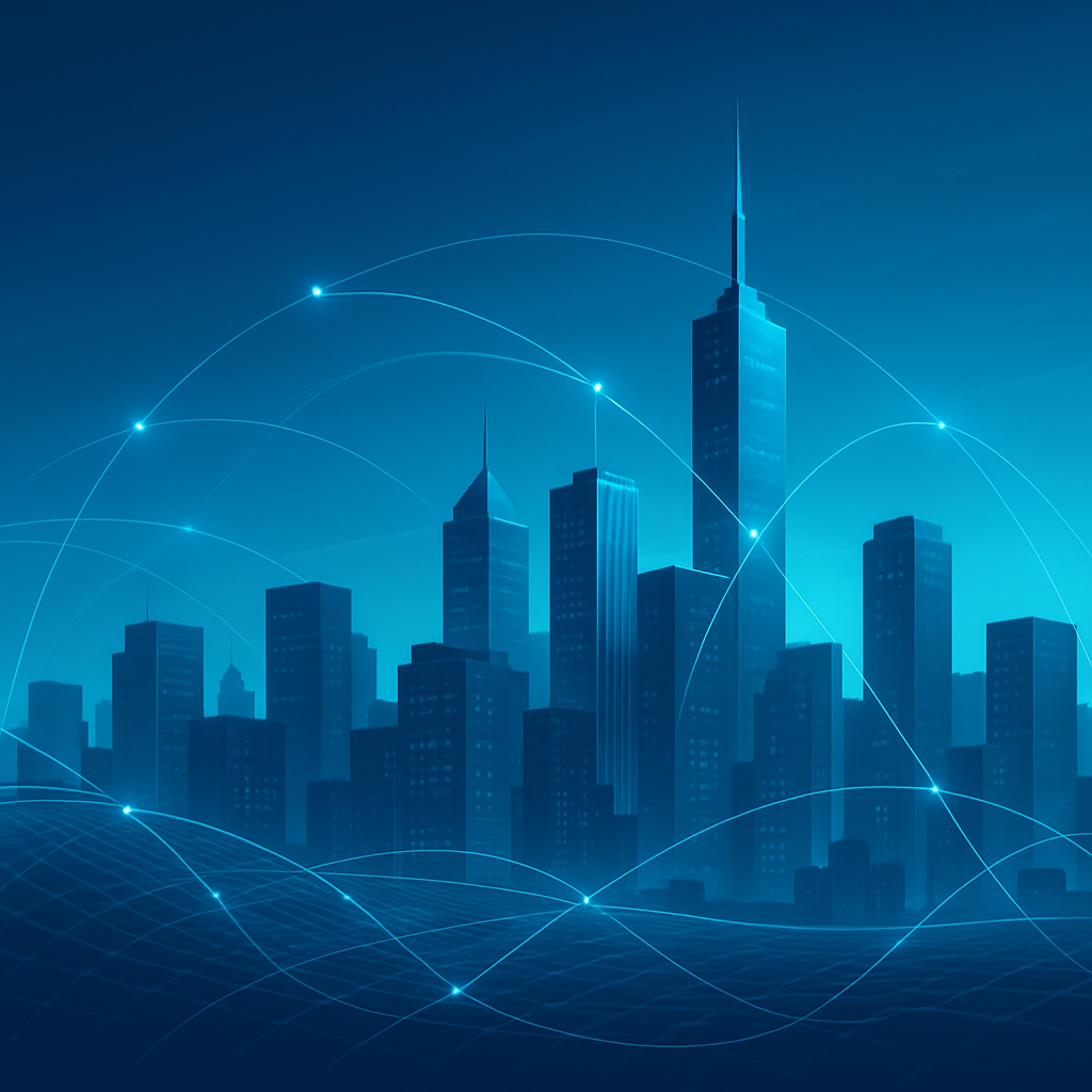 Vista premium de ciudad inteligente con rascacielos modernos, nodos de red iluminados en azul corporativo y sensación de liderazgo tecnológico