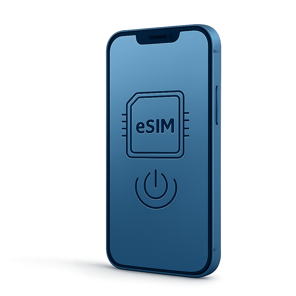 Primer plano de un teléfono moderno con icono eSIM holográfico y estilo tecnológico