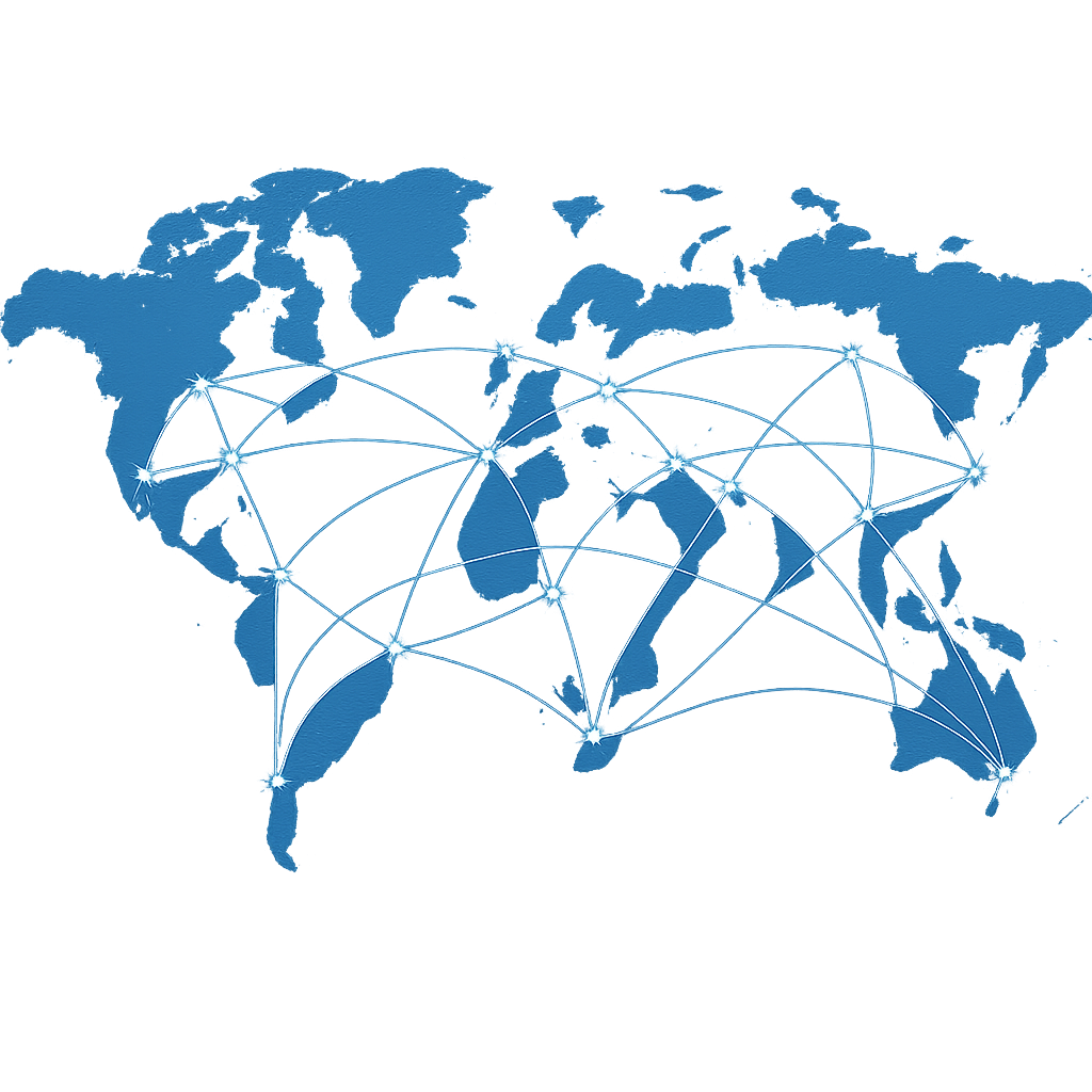 Mapa mundial digital con rutas de comunicación internacional y un indicador de llamada