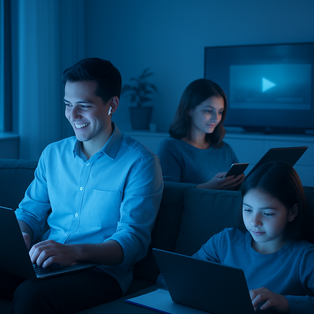 Familia conectada en el hogar usando laptop y dispositivos móviles en una sala moderna, luz suave, ambiente tecnológico y cálido