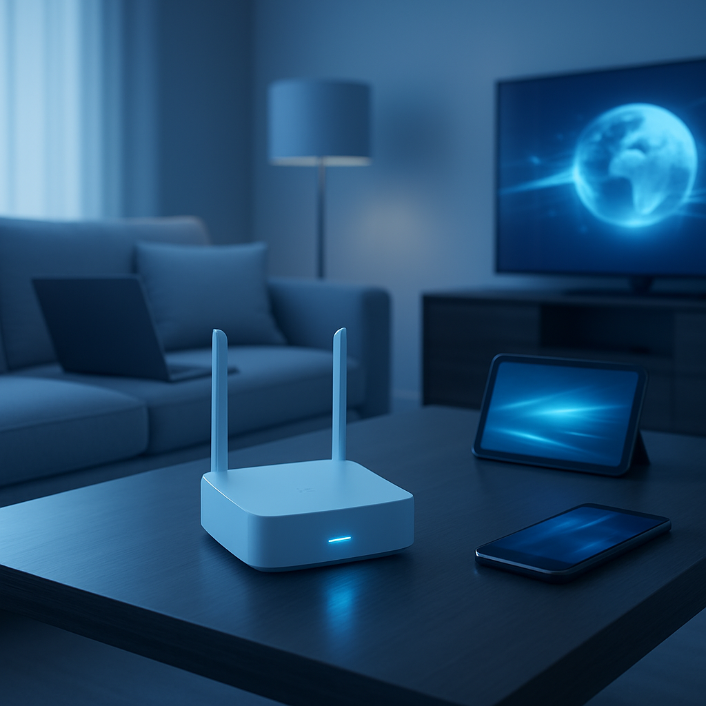 Router moderno con luz LED azul en un escritorio minimalista, fondo de sala hogareña y sensación de conexión rápida