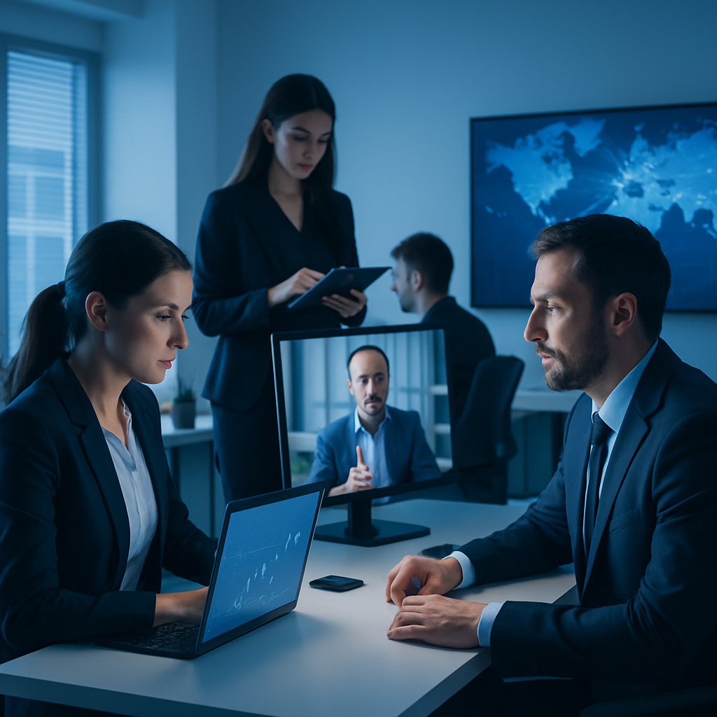 Oficina corporativa moderna con equipos conectados, pantallas de red y luz azul tecnológica que comunica conectividad empresarial
