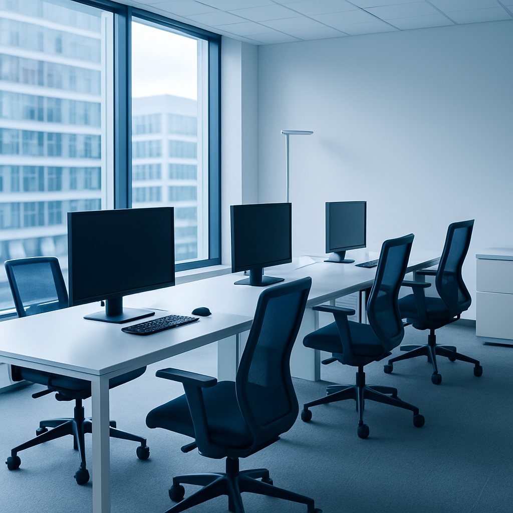 Espacio de trabajo con router empresarial, cables organizados y laptops conectadas en un entorno de oficina con acentos azules