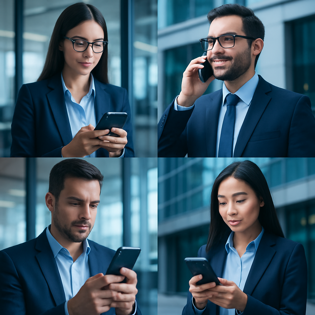 Profesionales usando smartphones con iconografía de eSIM y VoLTE, señal móvil y un entorno urbano corporativo