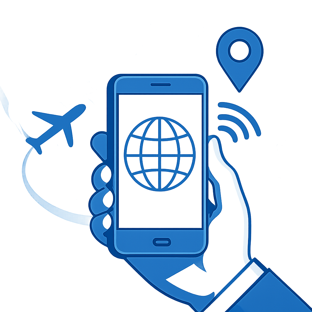 Smartphone con mapa de viaje y señal de datos global en tonos azules