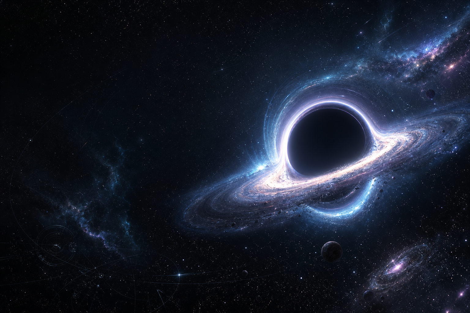 Immersive deep-space scene with a dominant black hole on the center-right, dense star field, soft cyan-violet nebular glow, orbital dust, and subtle scientific atmosphere