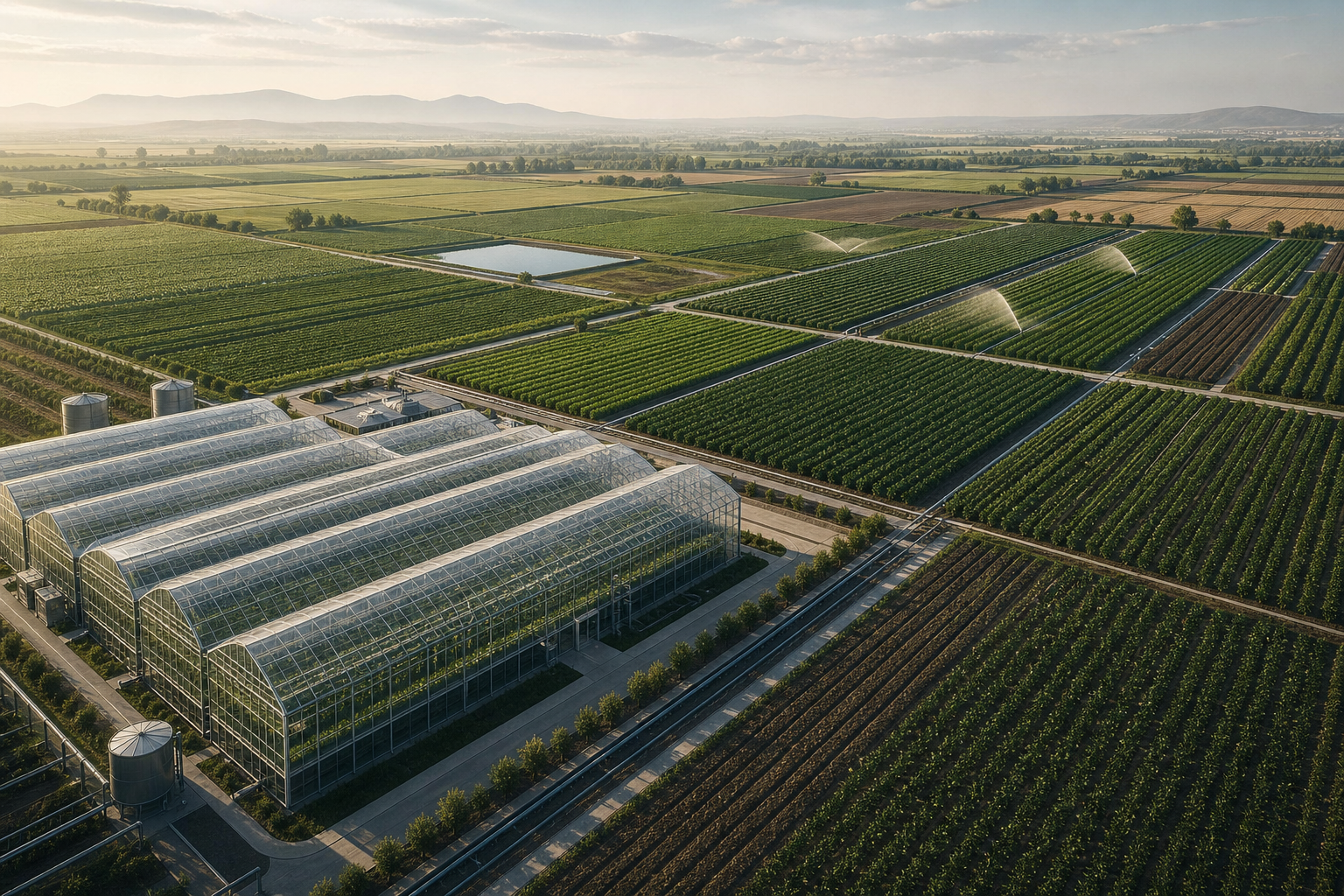 Sophisticated agricultural land with controlled-environment farming structures and irrigation grids