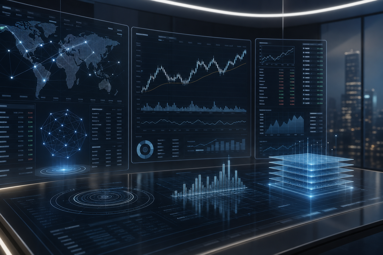 Abstract trading screens with digital asset network overlays and market data lines