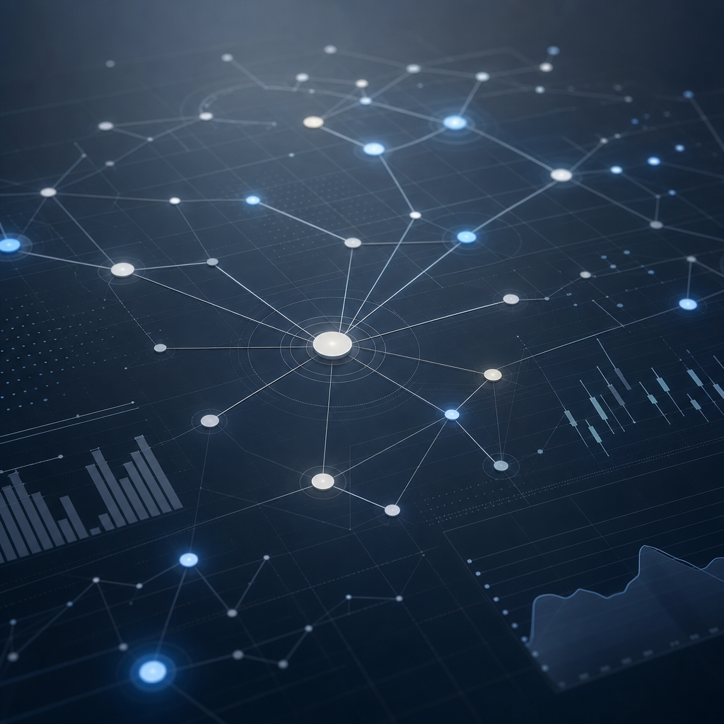 Abstract network data visualization with interconnected nodes, fine gridlines, and analytic overlays