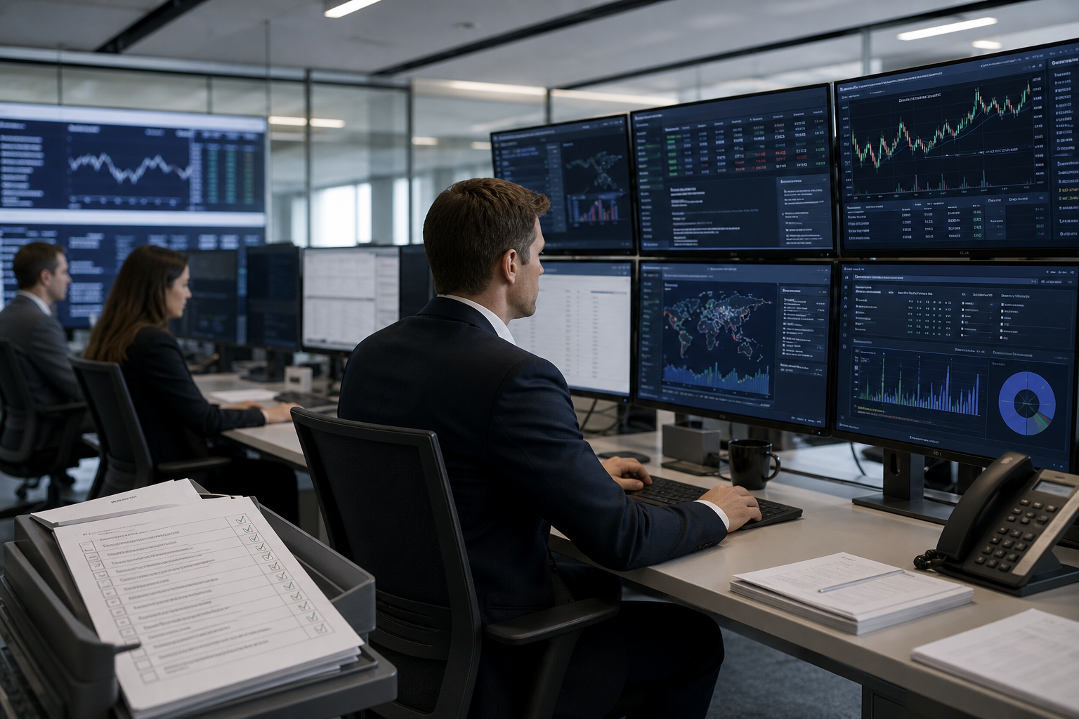 Institutional trading desk with multi-screen analytics and compliance review in a restrained corporate environment