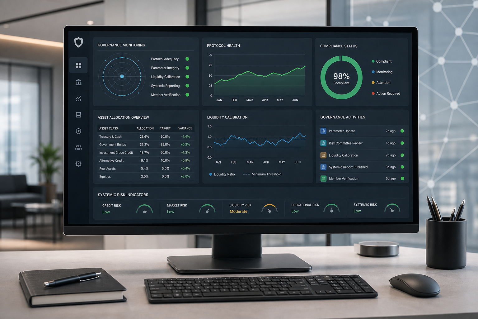 Realistic institutional finance oversight dashboard on a monitor with governance metrics, asset allocation tables, and compliance status panels