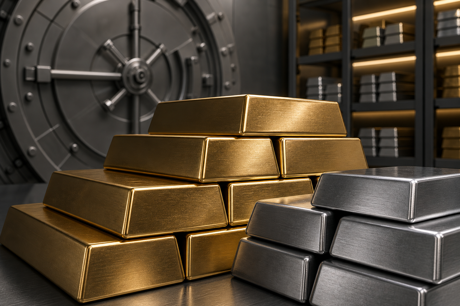 Refined gold and silver bullion stacked in a secure vault with soft institutional lighting