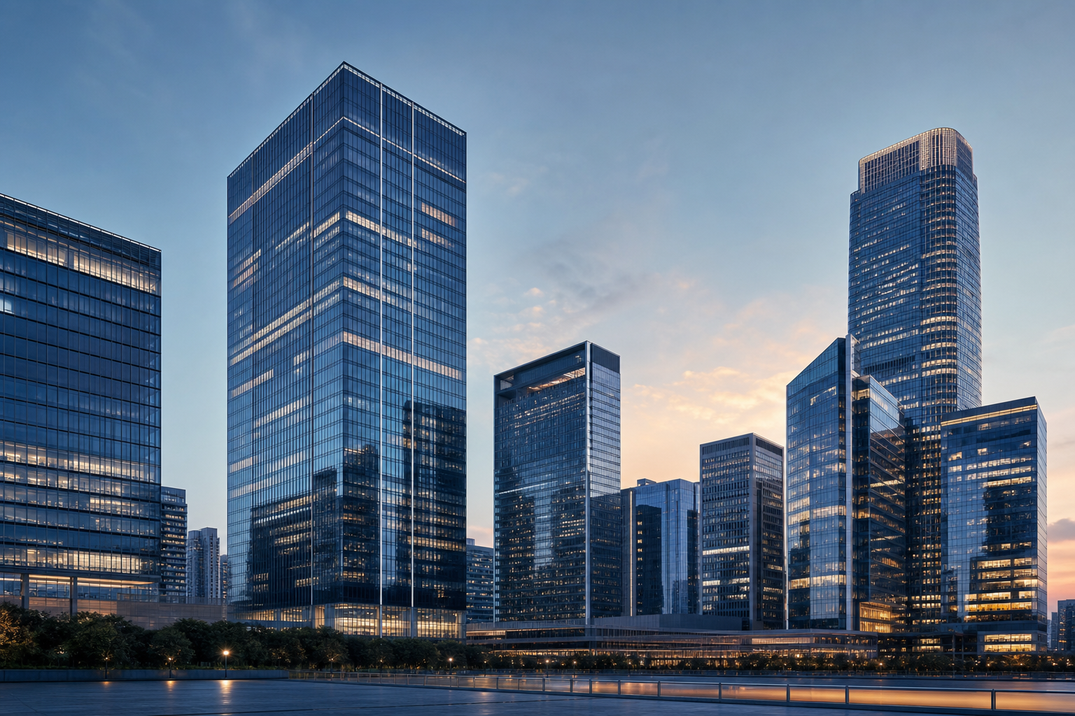 Premium commercial real estate skyline with modern architectural lines and investment-grade buildings
