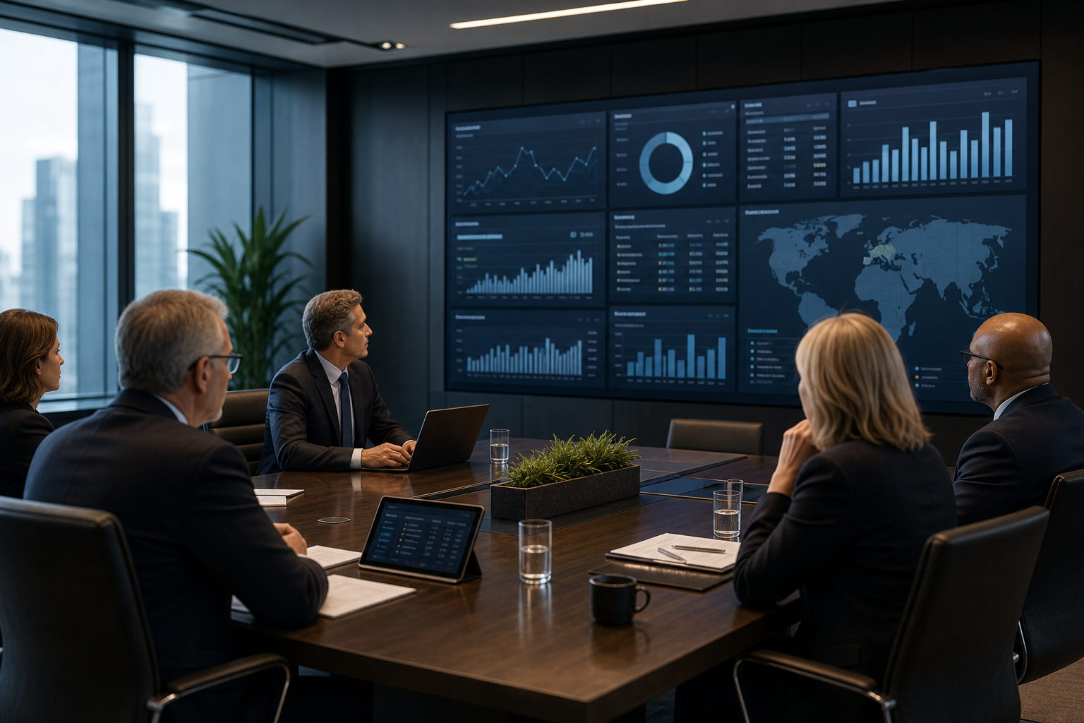 Senior institutional committee in a modern boardroom reviewing governance dashboards under neutral corporate lighting