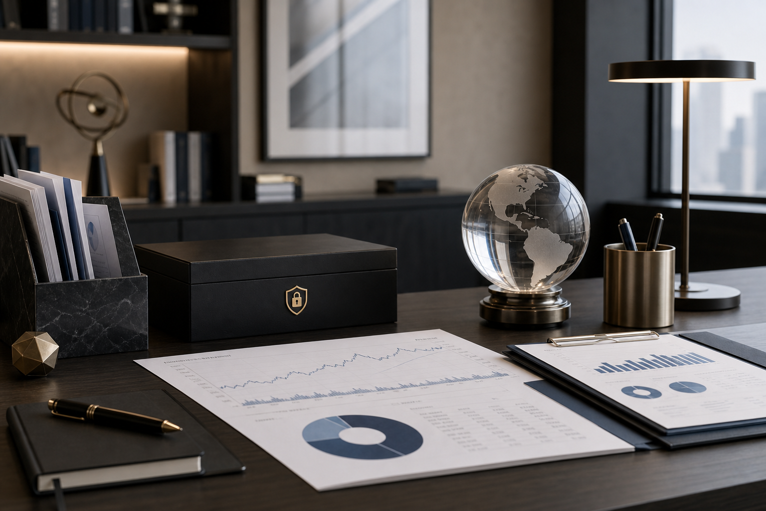 Professional long-term wealth planning workspace with secure financial documents and strategic charts