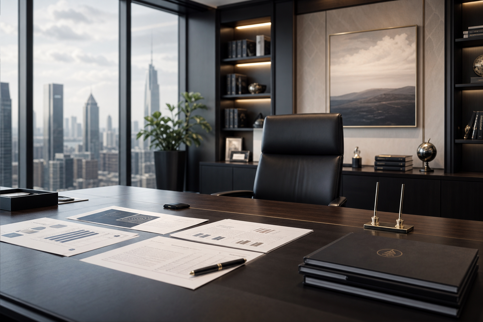 Sovereign fund executive office with architectural detail and governance documents displayed under neutral lighting