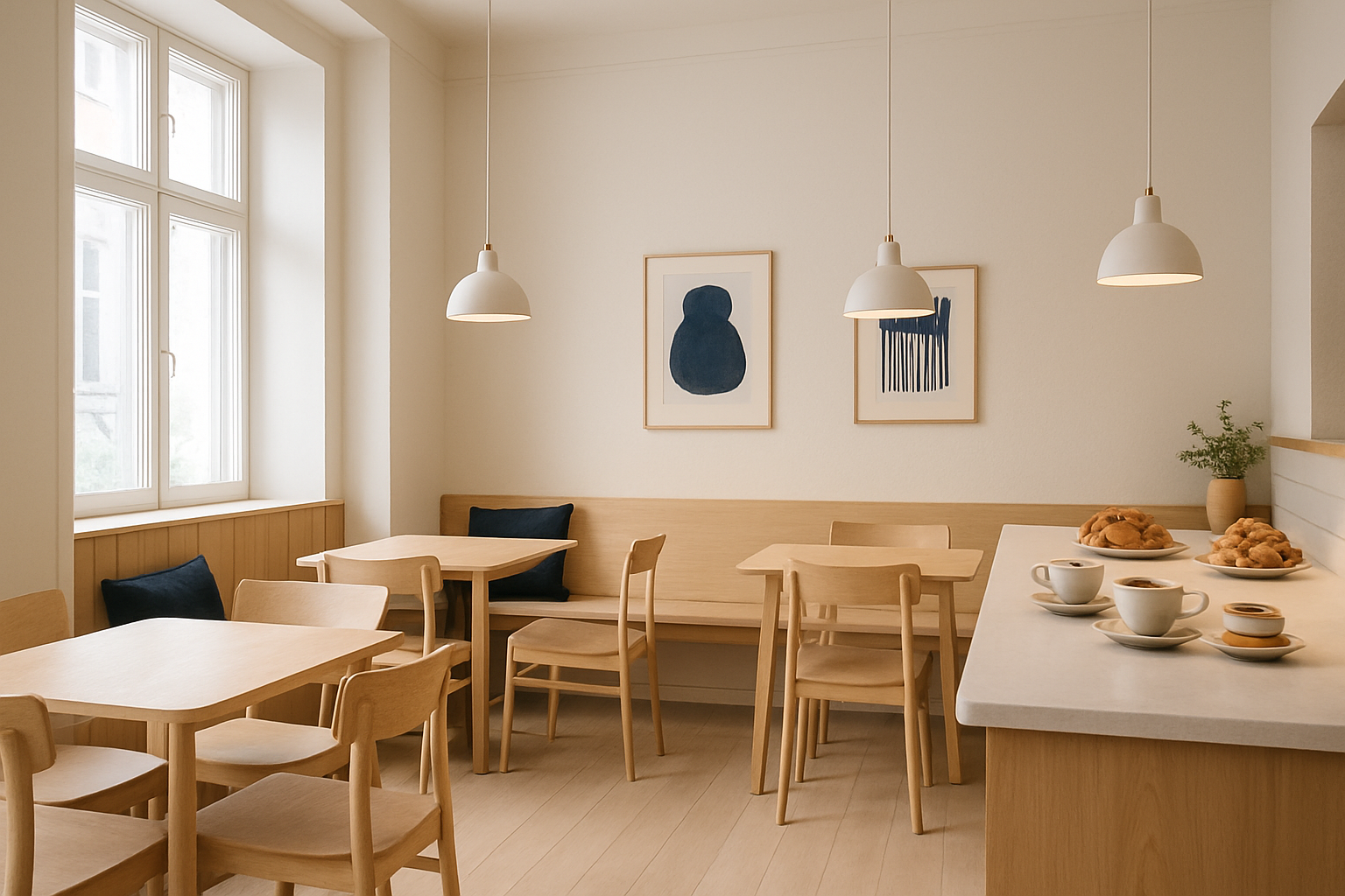 Cozy Scandinavian cafe interior with light wood tones