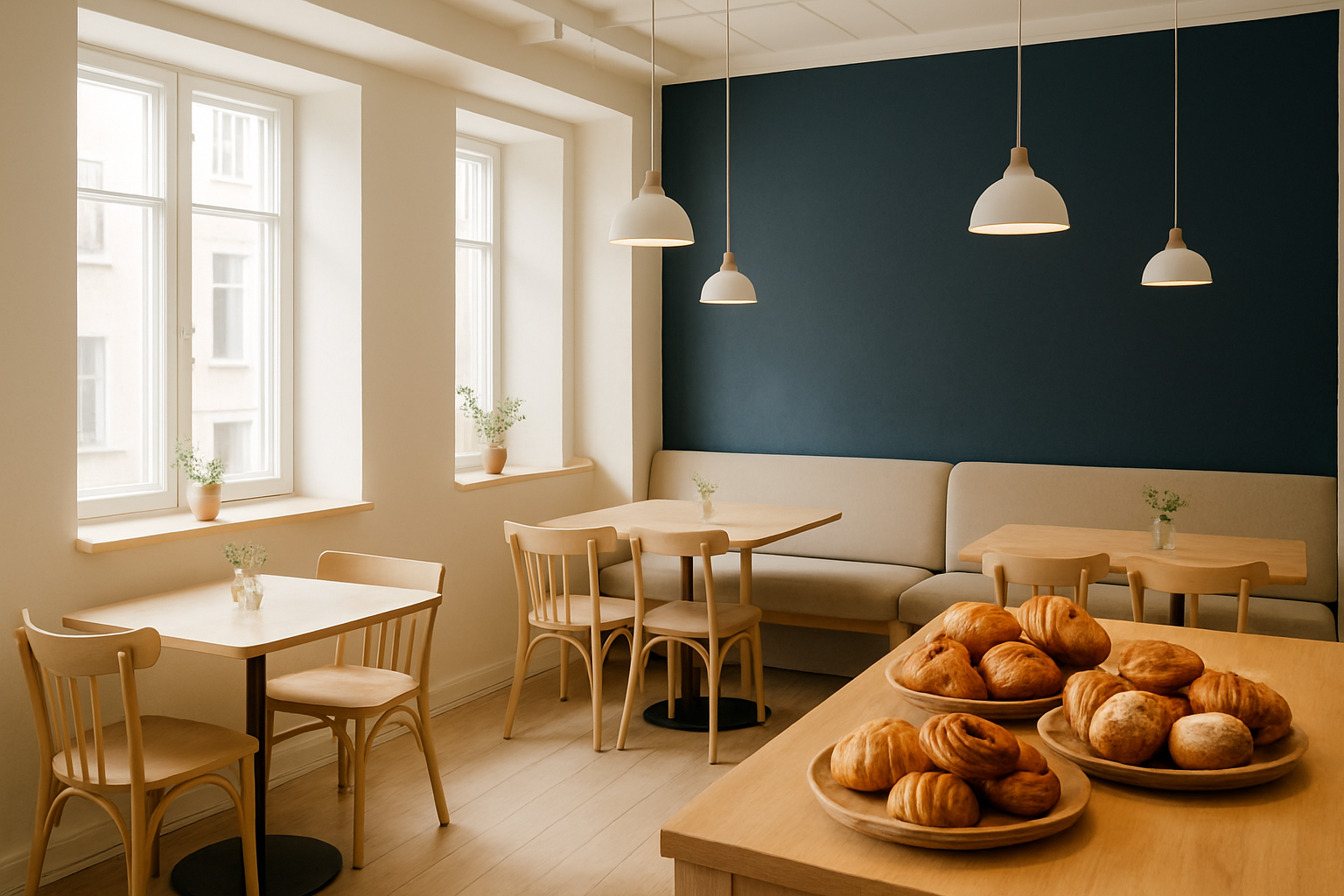 Cozy Scandinavian cafe interior with light wood tables, soft seating, and bright natural light