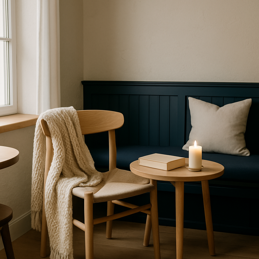 Cozy corner with knit blanket and wooden chair