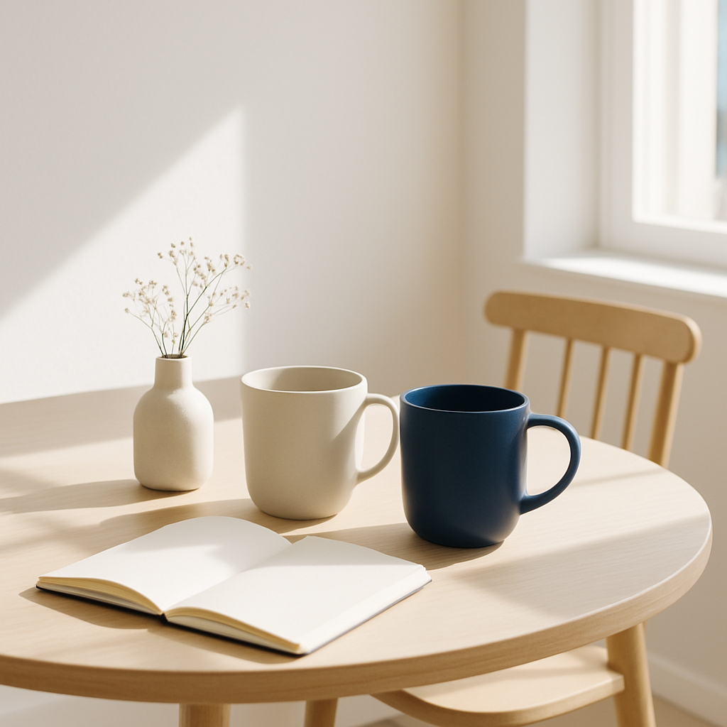 Sunlit table with mugs and notebook