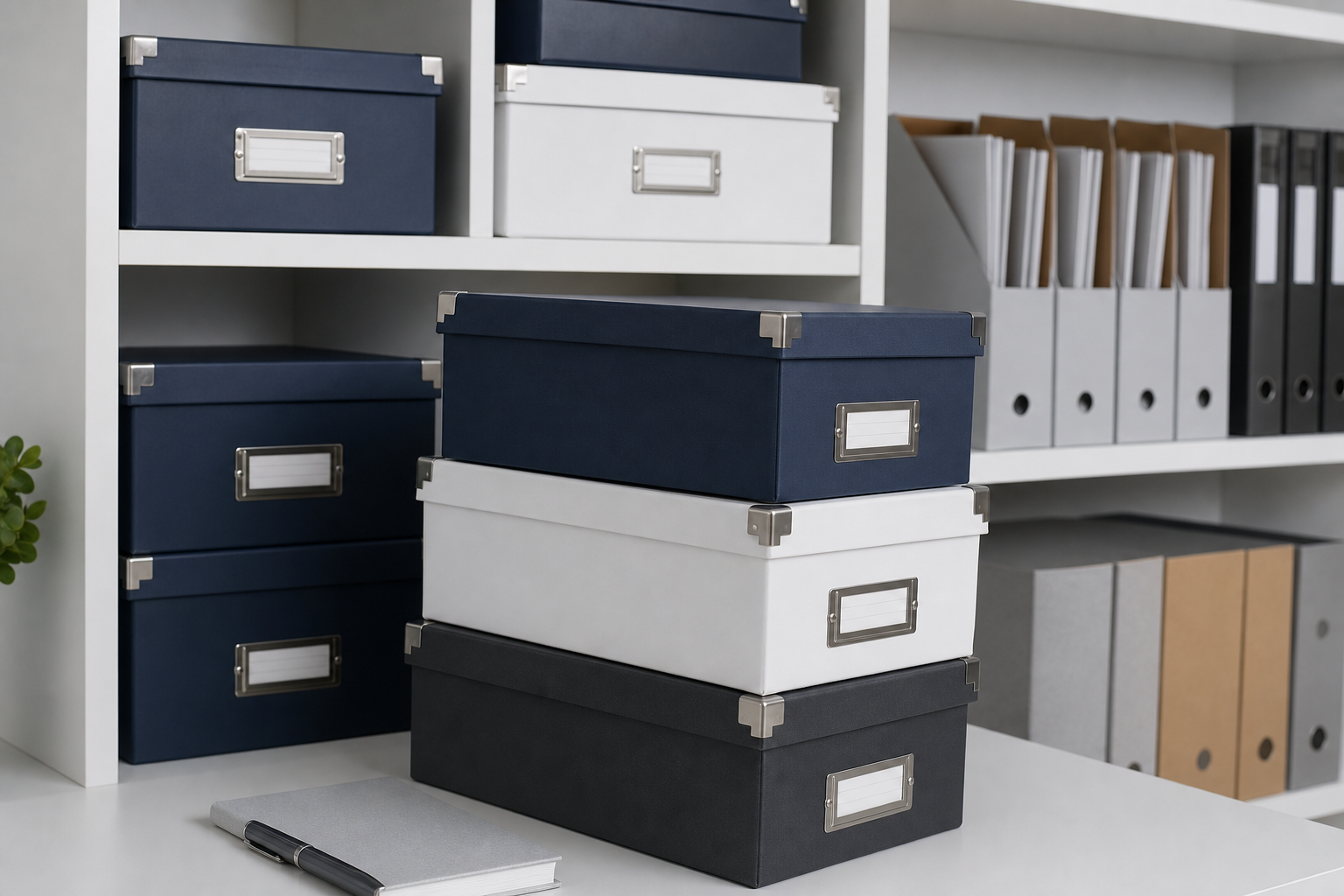 Stackable archive file boxes with label slots in a storage setup