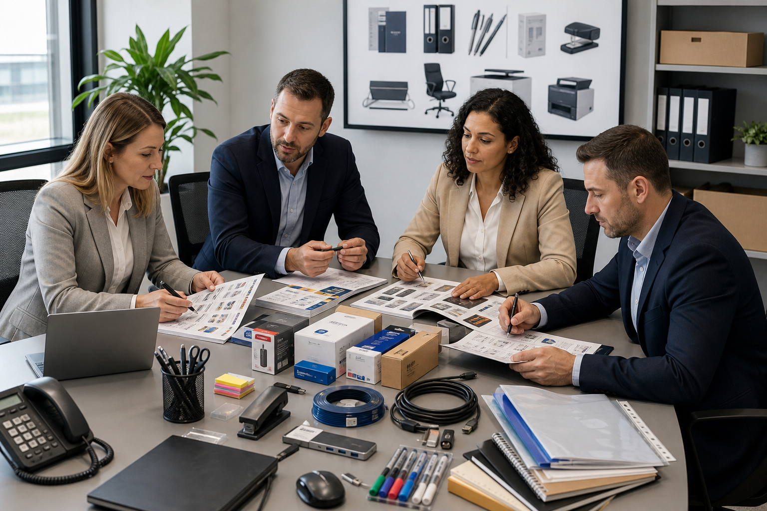 Procurement team reviewing office supply catalog, laptop accessories, and conference materials in a business meeting room